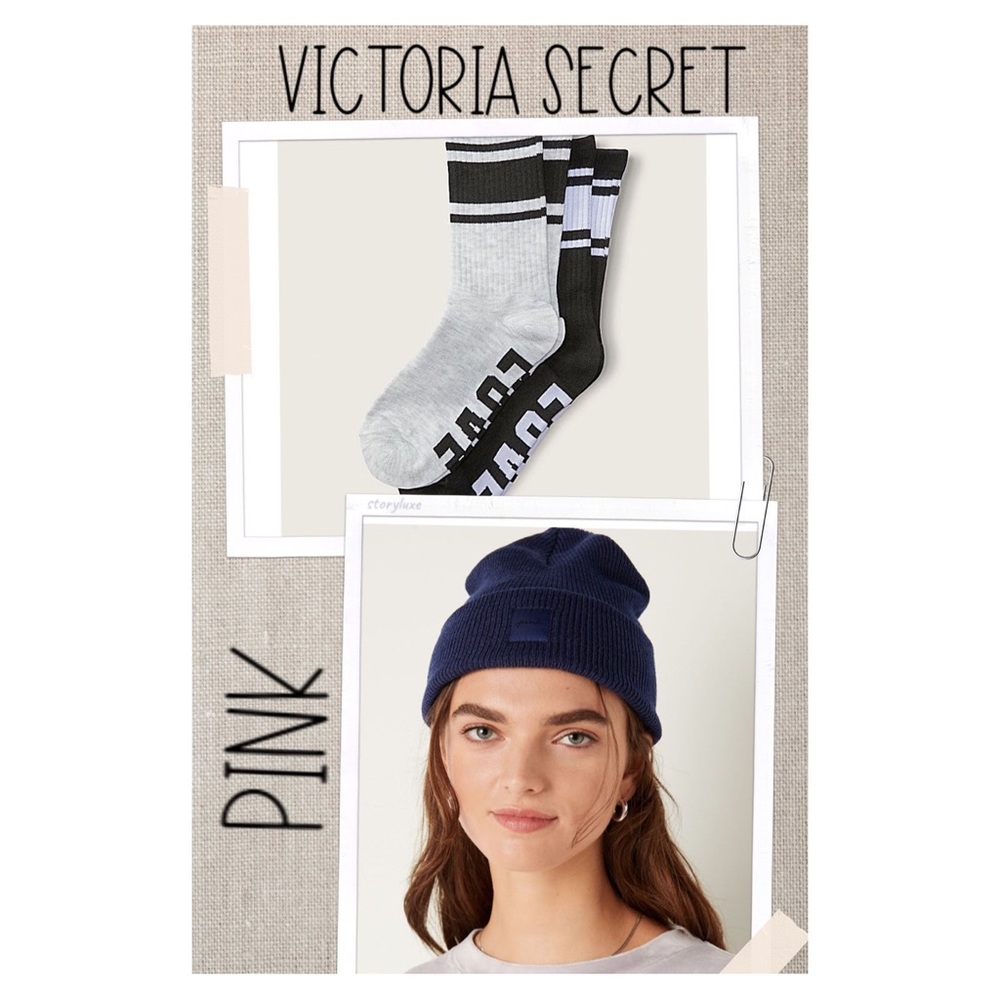 NEW Victoria Secret PINK Beanie Black Beanie & Set of Two Pairs of Crew Socks
